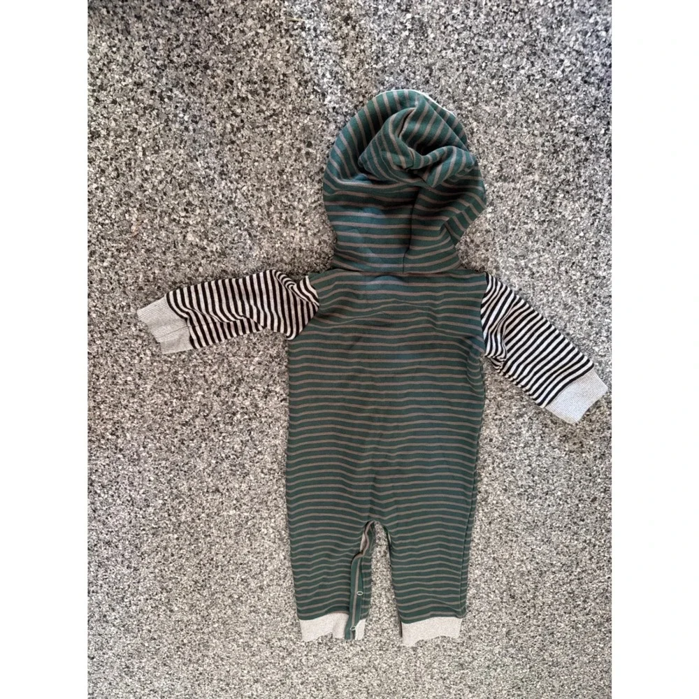 Me & Henry Baby Boy Green Striped Hooded Long Sleeve Romper 3-6 Months